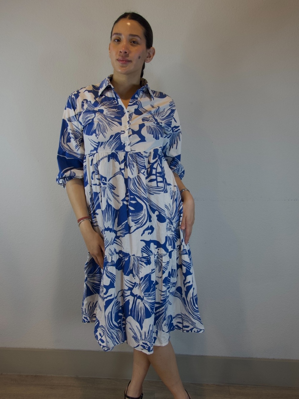 Maeve by Anthropologie Floral Tiered Shirt Dress in Blue and White